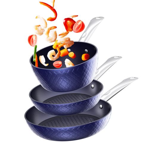 Frying Pan Sets Non Stick 3Pieces Blue 3D Diamond Cookware Frying Pan Sets Non Stick 3Pieces Blue 3D Diamond Cookware
